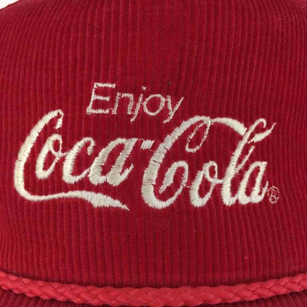 Vtg Enjoy Coca Cola Corduroy Hat Logo Coke Soda Snap Back Baseball Trucker Cap - Picture 2 of 9